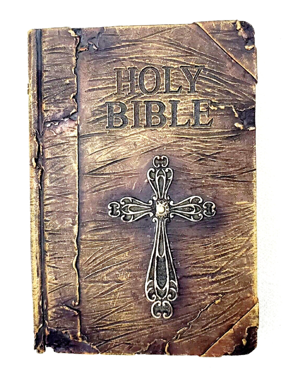 Holy Bible Rosery Holder Decor Adult Glass 5" Brown Cross Gray Trinket Holder